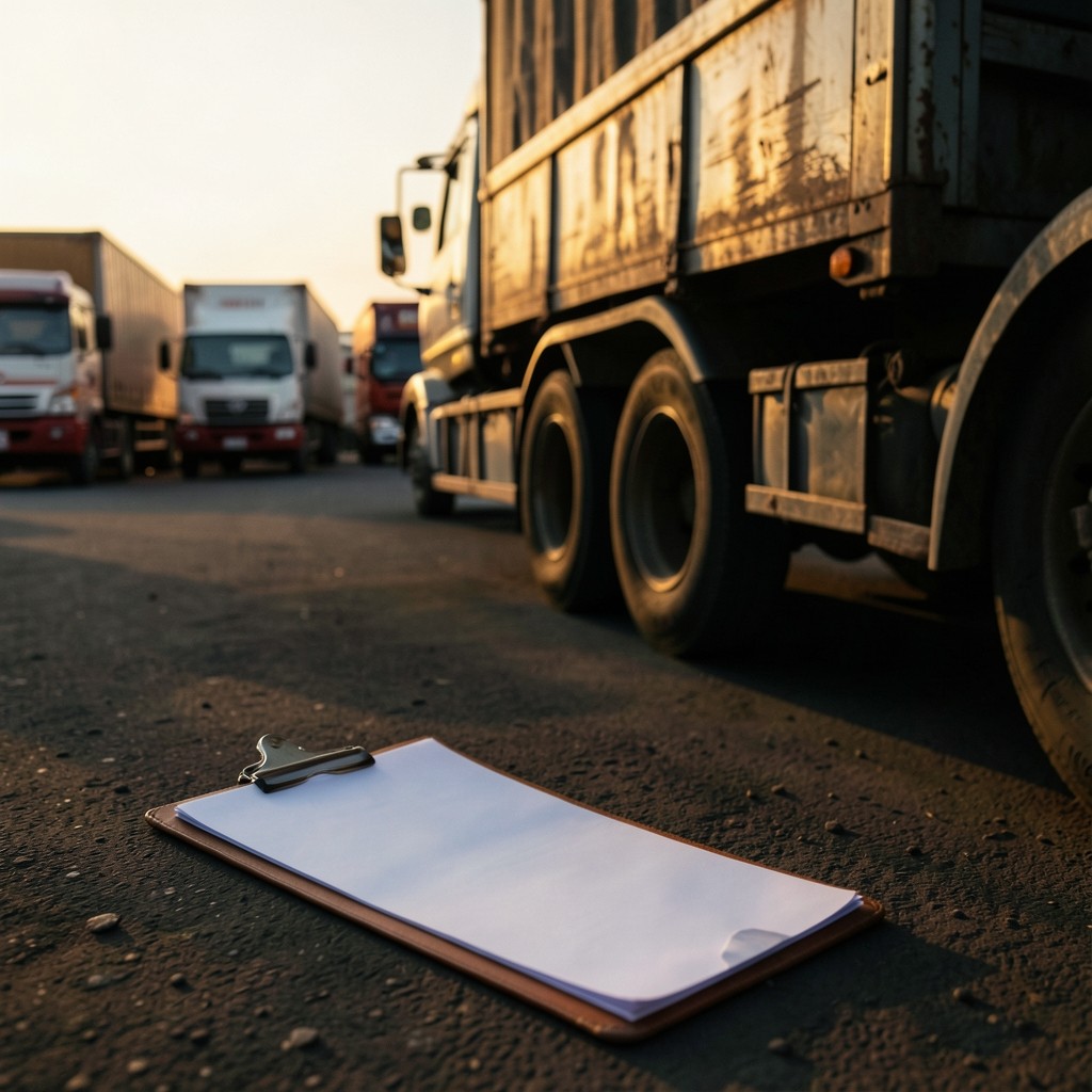 Truck waiting at a Thai staging yard with coordinator clipboard in foreground