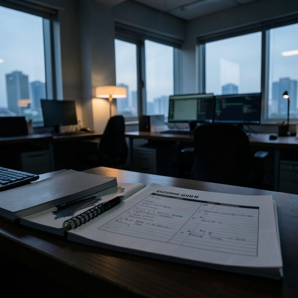 Night-shift logistics notes laid beside a morning scorecard board