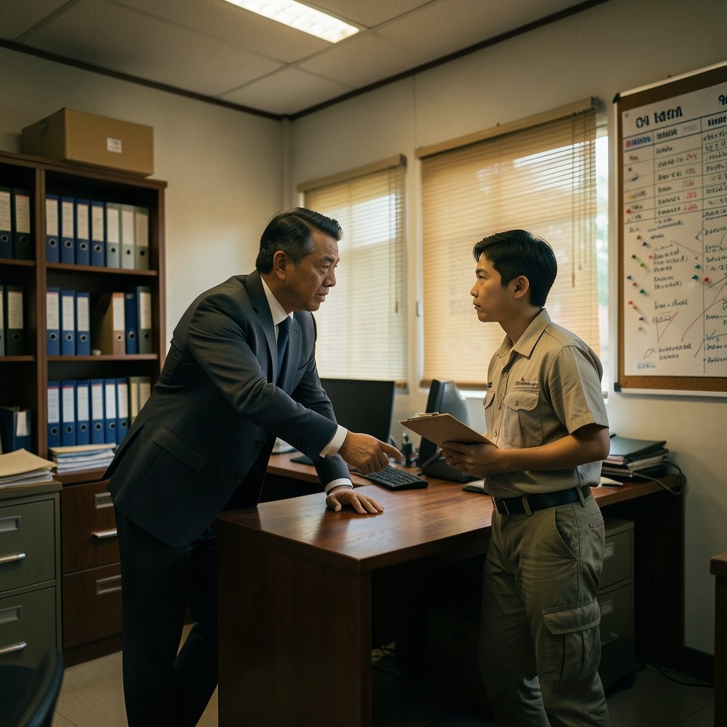 Advisor and coordinator reviewing a wall scorecard during an on-desk walkthrough