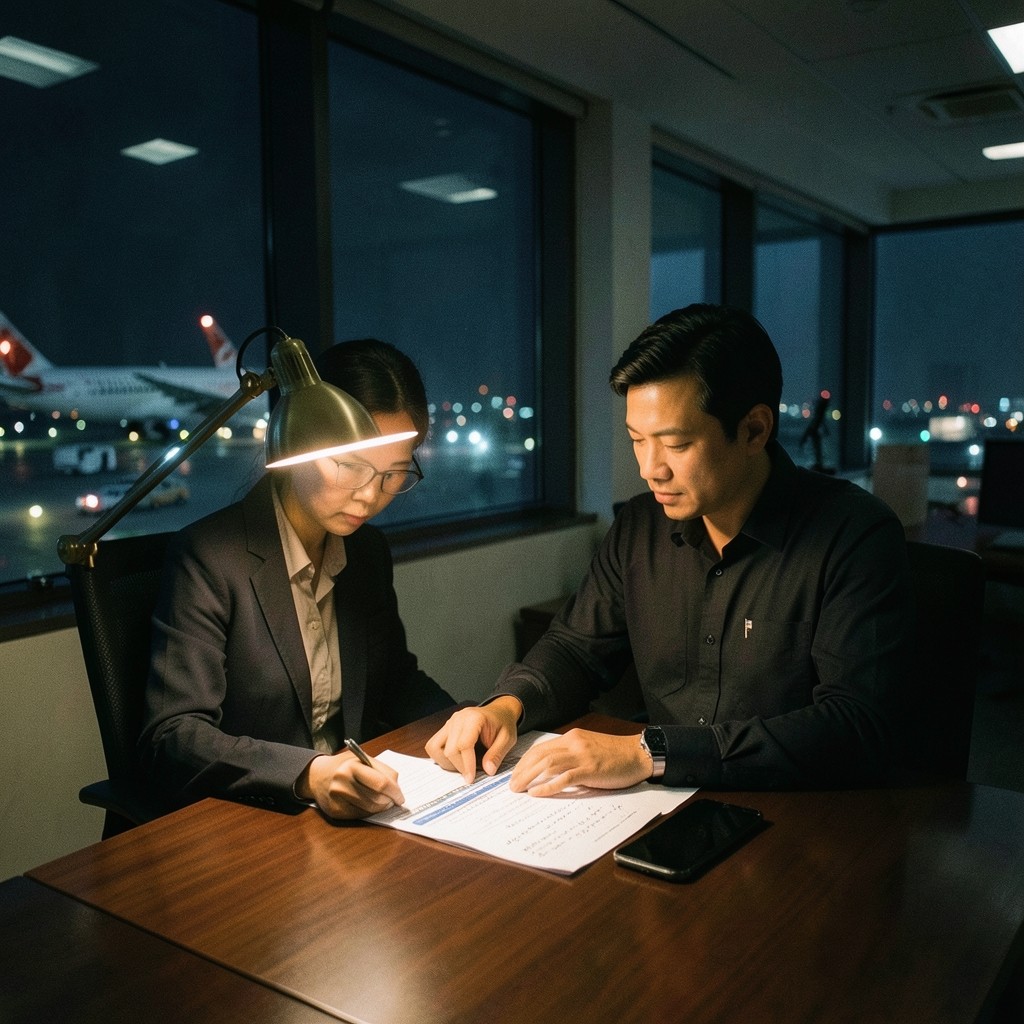 Logistics coordinator at a Bangkok desk reviewing an operations scorecard under warm task lighting