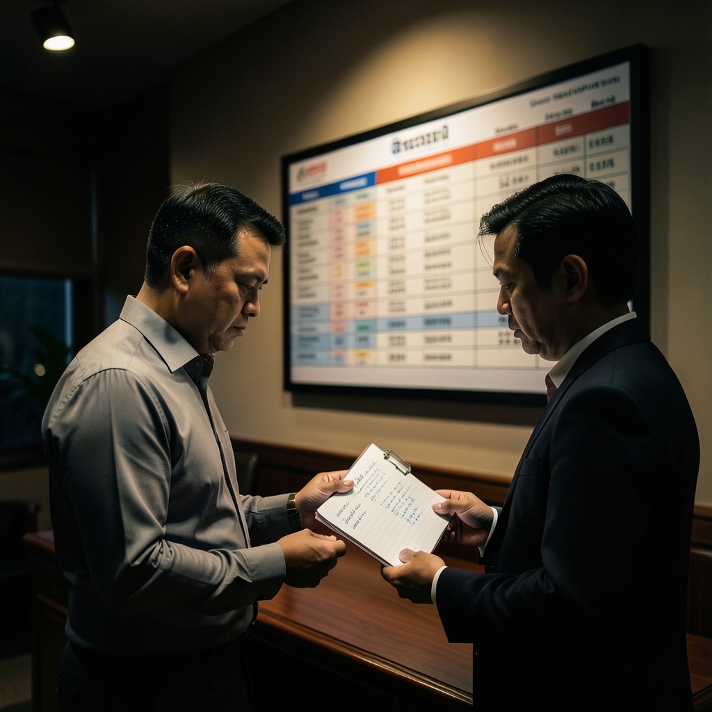 Advisor comparing handwritten exception logs against a wall scorecard in a freight office