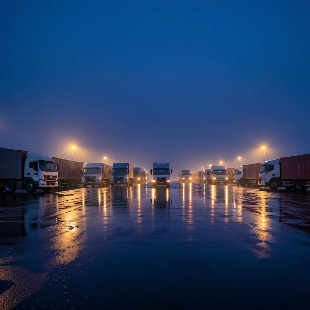 Seasonal freight yard at dusk with trucks lined for departure checks